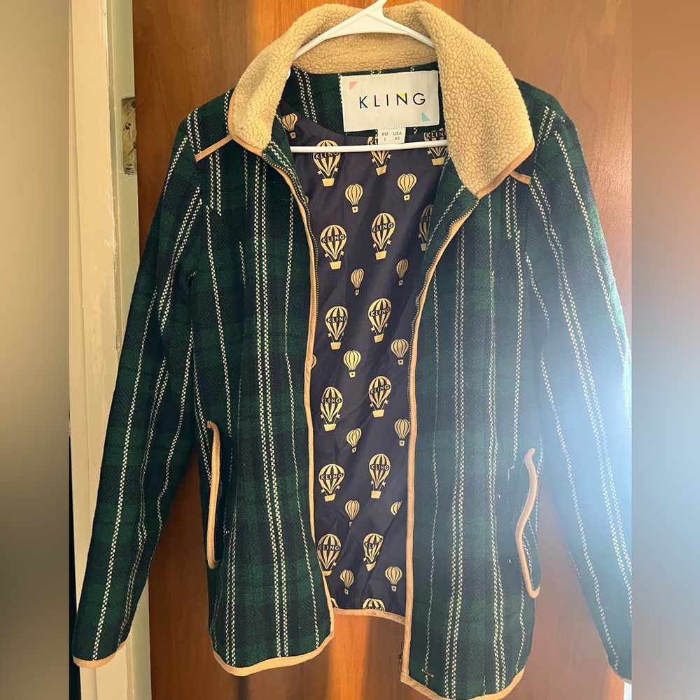 Kling Wool Blend Tartan Bomber Jacket with Sherling Trim - XS